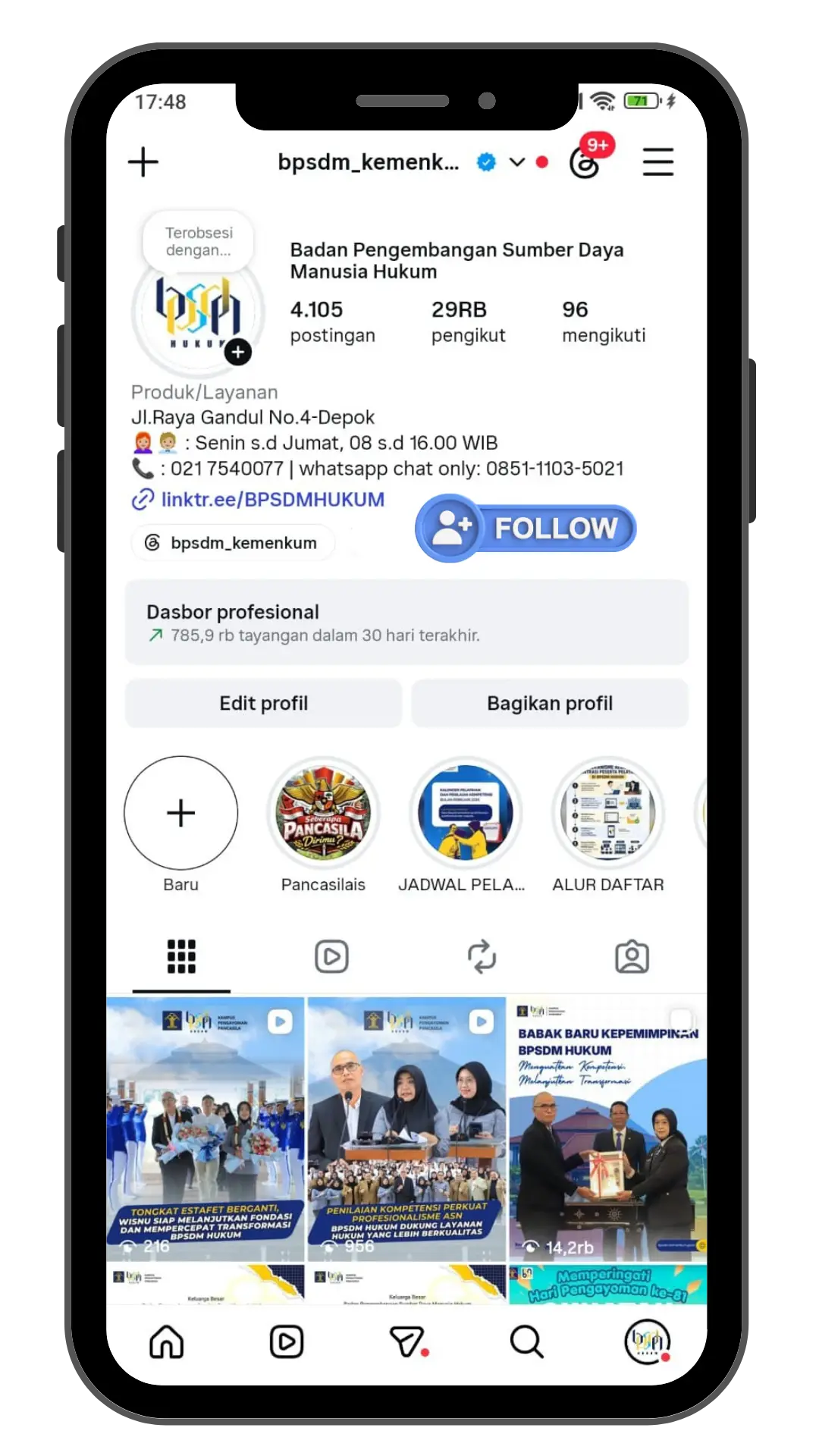 Tampilan Instagram BPSDM Hukum