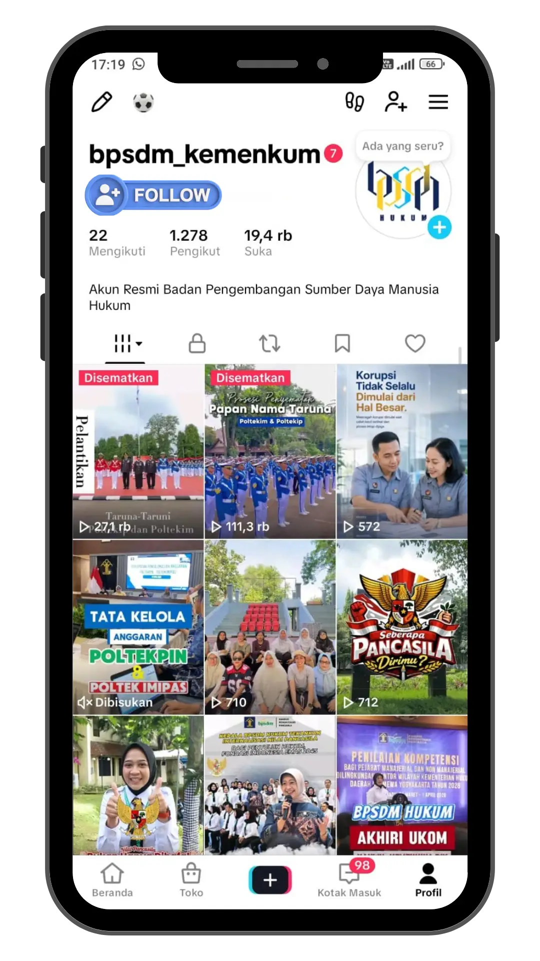 Tampilan TikTok BPSDM Hukum