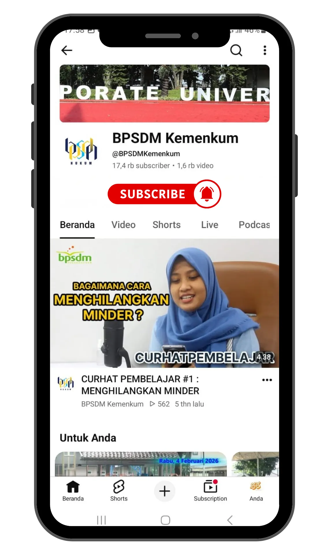 Tampilan YouTube BPSDM Hukum