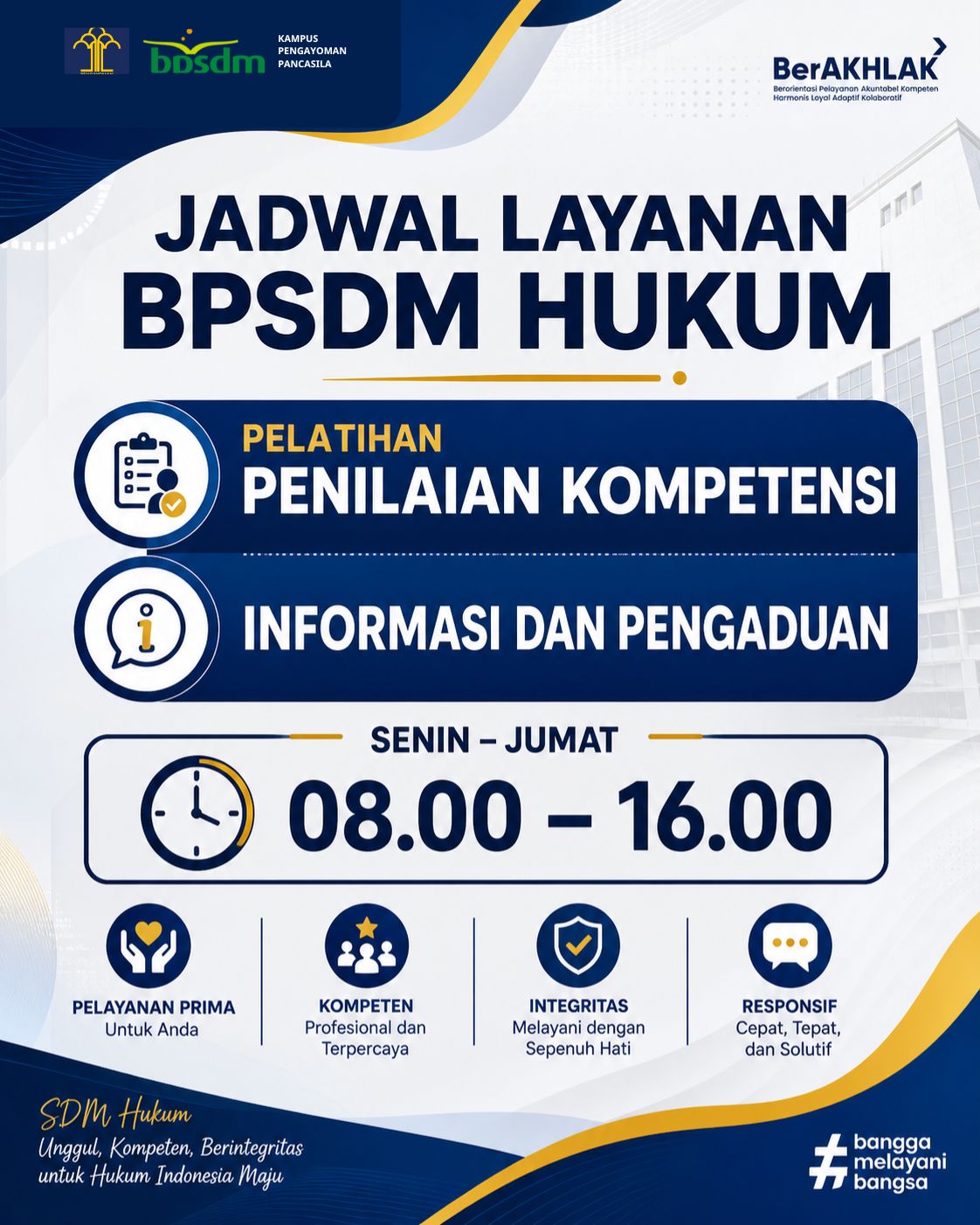 Design infografis Instagram ukuran 45 1080 x 1350 px bertema modern government dengan dominasi warna biru dan kuning emas. Headline besar AKSES LAYANAN BPSDM HUKUM Subheadline Scan barcode un 1