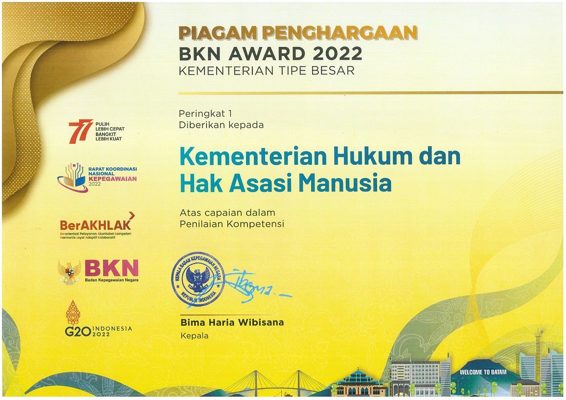 Peringkat 1 BKN Award 2022 atas Capaian Penilaian Kompetensi